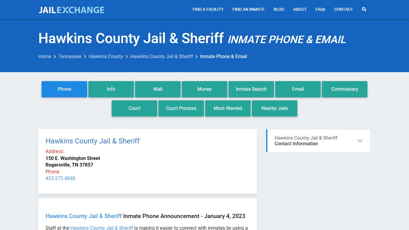 Inmate Phone - Hawkins County Jail & Sheriff, TN - Jail Exchange